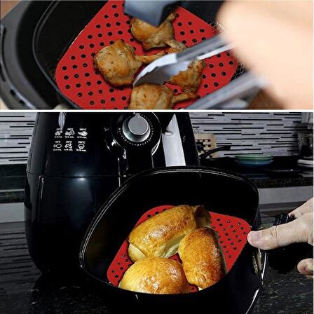 River World 21,5 cm'lik Kırmızı Renkte Isıya Dayanabilen ve Yıkanabilen Kare Silikon Airfryer ve Fırın Matı