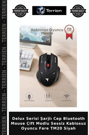 Delux Serisi Şarjlı Cep Bluetooth Mouse Çift Modlu Sessiz Kablosuz Oyuncu Fare TM20 Siyah