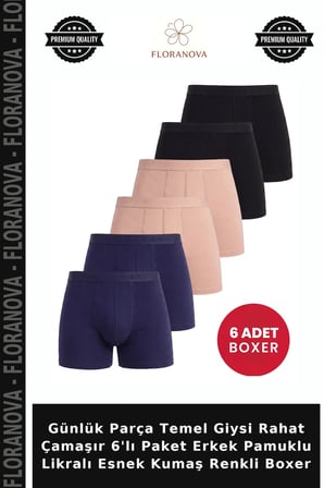 Günlük Parça Temel Giysi Rahat Çamaşır 6'lı Paket Erkek Pamuklu Likralı Esnek Kumaş Renkli Boxer