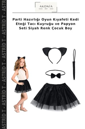 Parti Hazırlığı Oyun Kıyafeti Kedi Eteği Tacı Kuyruğu ve Papyon Seti Siyah Renk Çocuk Boy