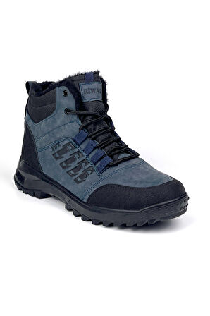 Erkek Lacivert Fermuarlı Bağcıklı Outdoor Suya Soğuğa Dayanıklı Rahat İçi Kürklü Trekking Kışlık Bot