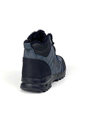 Erkek Lacivert Fermuarlı Bağcıklı Outdoor Suya Soğuğa Dayanıklı Rahat İçi Kürklü Trekking Kışlık Bot