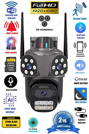 3 Kameralı Full HD Dış Mekân Akıllı Wi-Fi Kamera – İnsan Algılamalı ve Polis Çakarlı