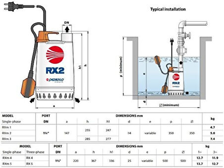 Pedrollo RXm 2 Flatörlü Full Paslanmaz Drenaj Dalgıç Pompa Monofaze(220 Volt) 10 mss 13.2 m³/h