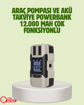 Araç Akü Takviye Cihazı ve Lastik Şişirme Pompası 12.000 mAh