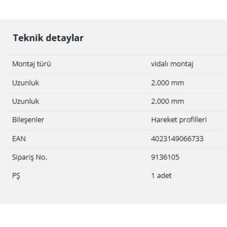 Hettich SysLine S Vidalı Montaj Hareket Profili 2000 mm (9136105)