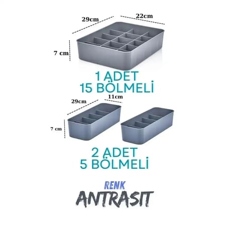 Orgaset 3'lü Dolap Çekmece Düzenleyici Antrasit Renk (SP-331)