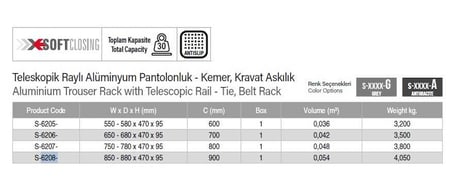 Starax Teleskopik Raylı Alüminyum Pantolonluk & Askılık Frenli 90cm Gri (Yan&Tavan) (S-6208-G)