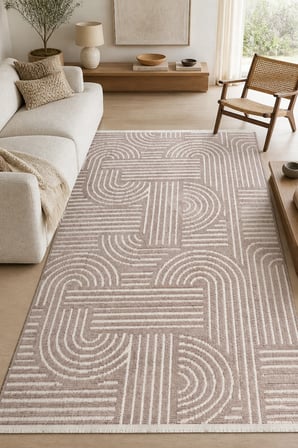ZELVE Geometrik Vizon/Beyaz Kaymaz Taban Yıkanabilir Salon Halısı