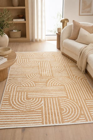 ZELVE Geometrik Hardal/Beyaz Kaymaz Taban Yıkanabilir Salon Halısı