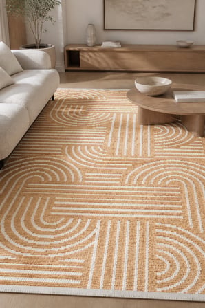 ZELVE Geometrik Hardal/Beyaz Kaymaz Taban Yıkanabilir Salon Halısı