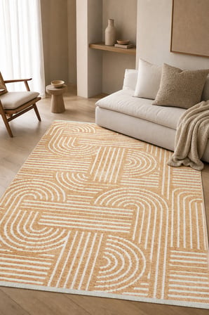 ZELVE Geometrik Hardal/Beyaz Kaymaz Taban Yıkanabilir Salon Halısı
