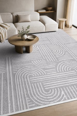 ZELVE Geometrik Gri/Beyaz Kaymaz Taban Yıkanabilir Salon Halısı