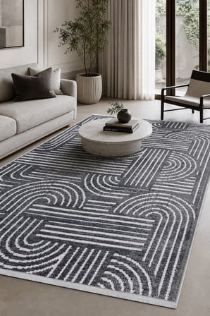 ZELVE Geometrik Antrasit/Beyaz Kaymaz Taban Yıkanabilir Salon Halısı