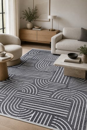 ZELVE Geometrik Antrasit/Beyaz Kaymaz Taban Yıkanabilir Salon Halısı