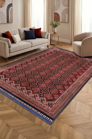AURA Etnik Geometrik Desenli Oturma Odası Salon Halısı Robot Süpürge Uyumlu Kolay Temizlenebilir Polyester Pamuk Karışım