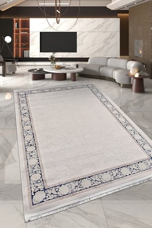 Asena Modern Salon Oturma Odası Halısı Krem Lacivert Robot Süpürge Uyumlu Kolay Temizlenebilir Polyester Polip Dokuma Halı