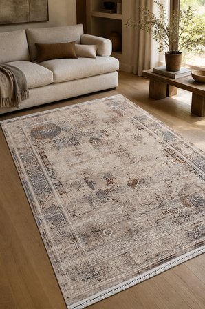 Asena Modern Salon Halısı Krem Bej Robot Süpürge Uyumlu Kolay Temizlenebilir Polyester Polip Oturma Odası Halısı