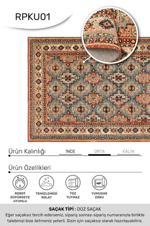 Narhan Mavi Kiremit Oturma Odası Salon Robot Süpürge Uyumlu Kolay Temizlenebilir Nostaljik Pamuk Akrilik Kilim Hali