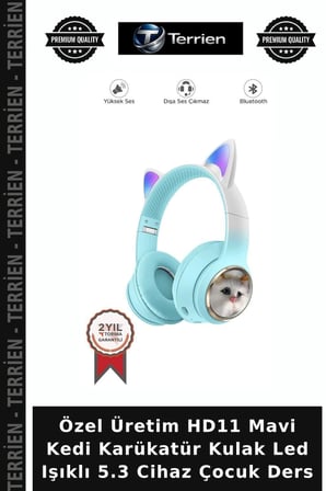Özel Üretim HD11 Mavi Kedi Karükatür Kulak Led Işıklı 5.3 Cihaz Çocuk Ders