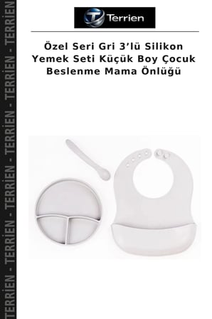 Özel Seri Gri 3’lü Silikon Yemek Seti Küçük Boy Çocuk Beslenme Mama Önlüğü