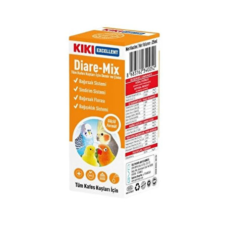 Kiki Excellent Diare Mix Kuşlar için Bağışıklık ve Sindirim Sistemi Destekleyici Sıvı Damla 25 Ml