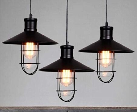 Retro Metal 3 Lü Masa Üstü Kafesli Sıralı Siyah Dekoratif Sarkıt Avize 