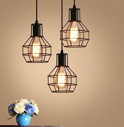 Retro Metal Siyah 3 Lü Dekoratif Kafes Rustik Sarkıt Avize 30 cm