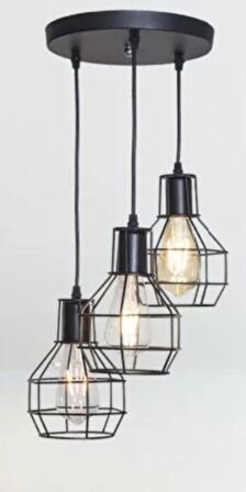 Retro Metal Siyah 3 Lü Dekoratif Kafes Rustik Sarkıt Avize 30 cm