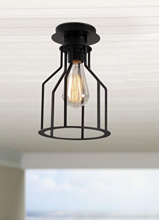 Retro Metal 1 Lİ Siyah  Tavan Plofyoner Kafes Rustik Avize