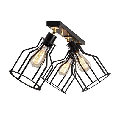 Retro Metal 3 Lü Sıralı  Siyah Tavan Plofyoner Kafes Rustik Avize