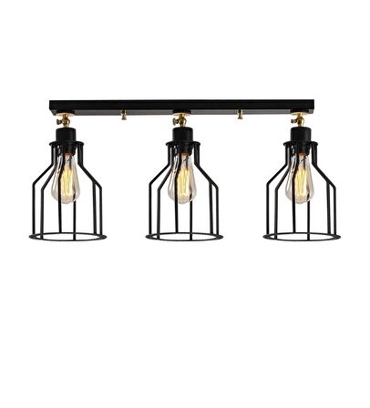 Retro Metal 3 Lü Sıralı Siyah Tavan Plofyoner Kafes Rustik Avize