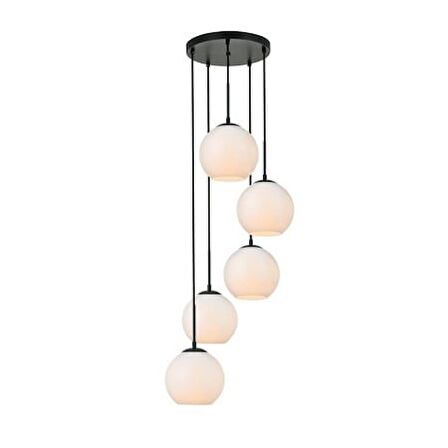 Rsylight Metal Modern Siyah Retro Rustik Yuvarlak 5 Li Opal Camlı Sarkıt Avize 