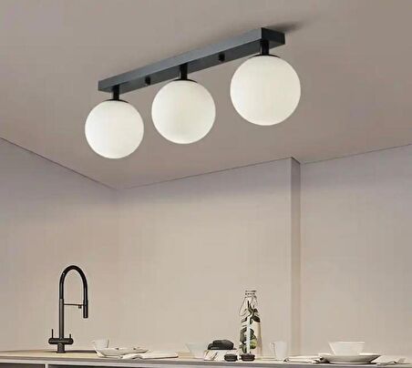 Rsylight Metal Modern Siyah Opal Camlı Tavan Plofyoner 3 LüTavan Avize 