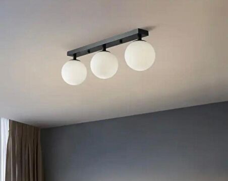 Rsylight Metal Modern Siyah Opal Camlı Tavan Plofyoner 3 LüTavan Avize 