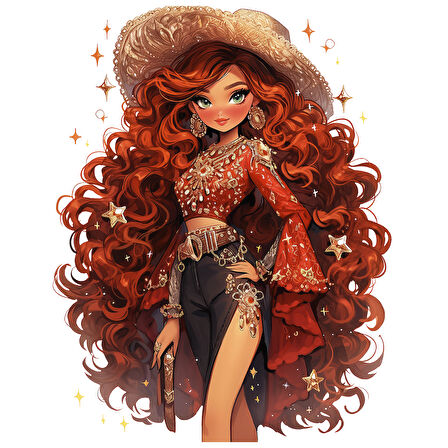 Kırmızı Bluzlu Yıldızlı Etekli Kovboy Kız Duvar Stickerı