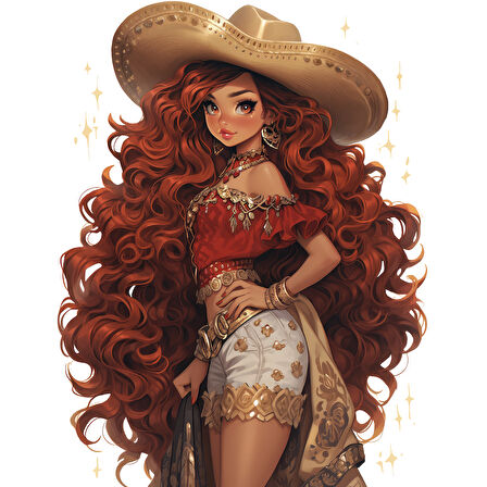 Beyaz Şortlu Kırmızı Bluzlu Kovboy Kız Duvar Stickerı