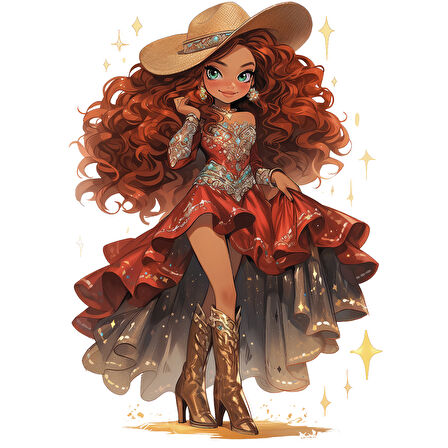 Kırmızı ve Altın Elbiseli Göz Alıcı Kovboy Kız Duvar Stickerı