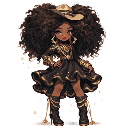 Mavi ve Altın Desenli Elbiseli Şapkalı Kovboy Kız Duvar Stickerı