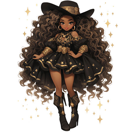 Pembe Detaylı Fırfırlı Elbiseli Kovboy Kız Duvar Stickerı