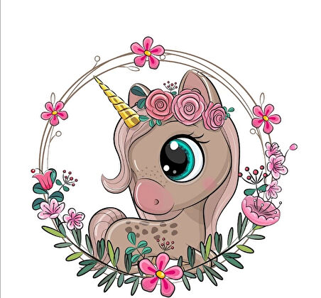 Güllü Tek Boynuzlu At Çiçek Çerçeveli Duvar Stickerı
