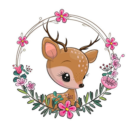 Geyik Yavrusu Çiçek Çerçeveli Duvar Stickerı