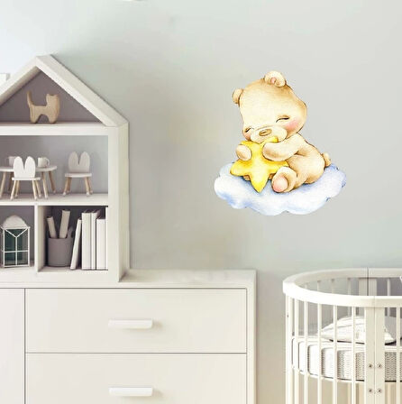 Bulut Üzerinde Sarı Yıldızla Uyuyan Ayıcık Duvar Stickerı