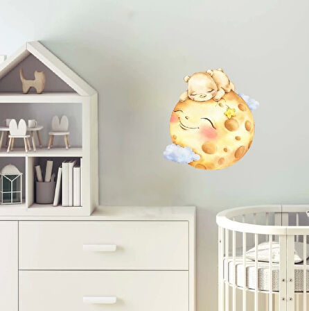 Gülen Ay Üzerinde Uyuyan Ayıcık Duvar Stickerı