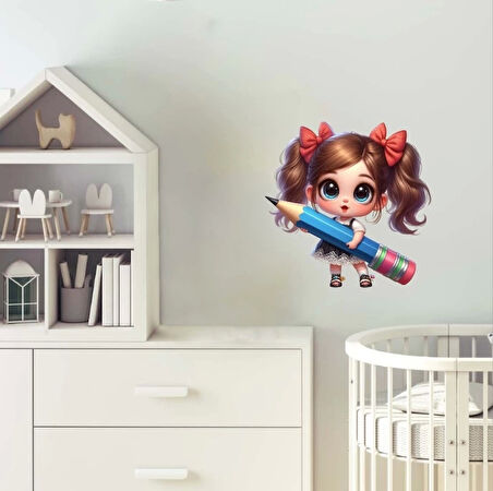 Mavi Kalem Tutan Kız Duvar Sticker'ı