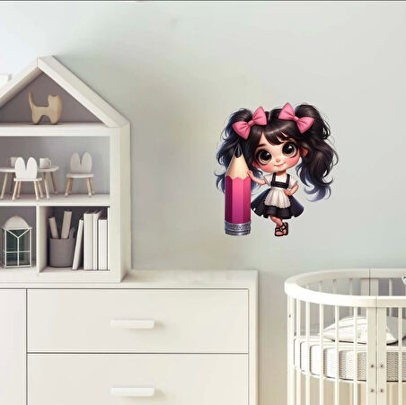Pembe Kurdeleli Kız ve Pembe Kalem Duvar Stickerı