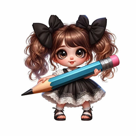 Siyah Kurdeleli Kız ve Mavi Kalem Duvar Stickerı