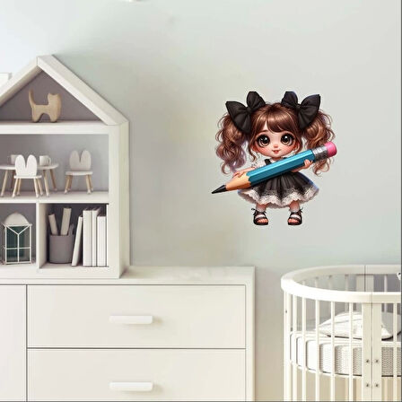 Siyah Kurdeleli Kız ve Mavi Kalem Duvar Stickerı