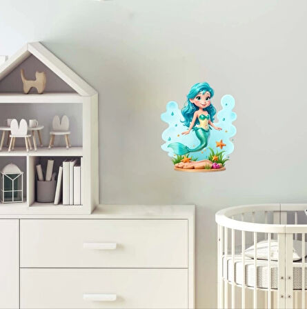 Mavi Saçlı Deniz Kızı ve Deniz Canlıları Duvar Sticker'ı