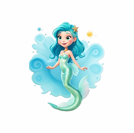 Dalgalı Mavi Saçlı Deniz Kızı Duvar Sticker'ı